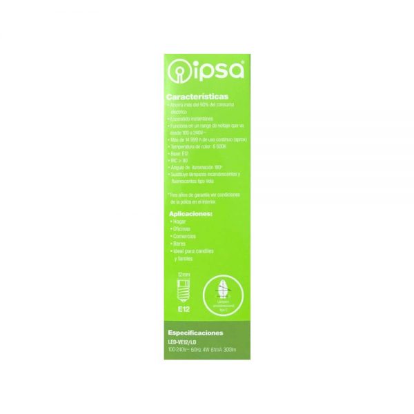 FOCO TIPO VELA LUZ BLANCA E12 4W 100-240V LED-VE12/LD - Imagen 4