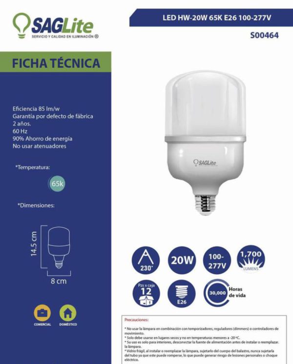 FOCO SAGLITE LED HW-20W 65K E26 100-277V 1700LM S00464 - Imagen 2