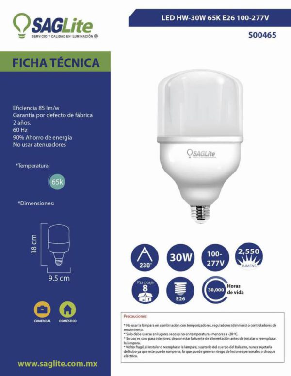 FOCO SAGLITE LED HW-30W 65K E26 100-277V 3000LM S00465 - Imagen 2