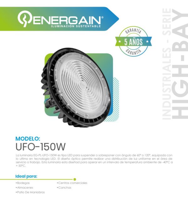 CAMPANA INDUSTRIAL HIGH-BAY EG-PL-UFO 150W 5500K 100-277V IP65 24,000LM - Imagen 2