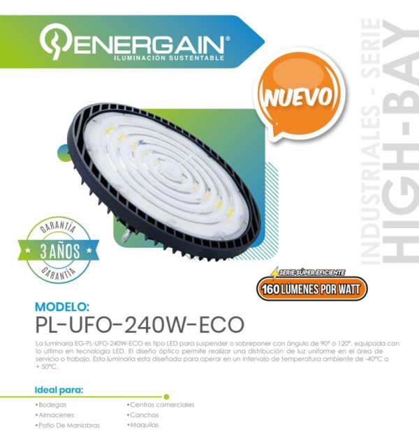 CAMPANA INDUSTRIAL HIGH-BAY EG-PL-UFO-240W-ECO 5500K 100-277V IP65 - Imagen 2