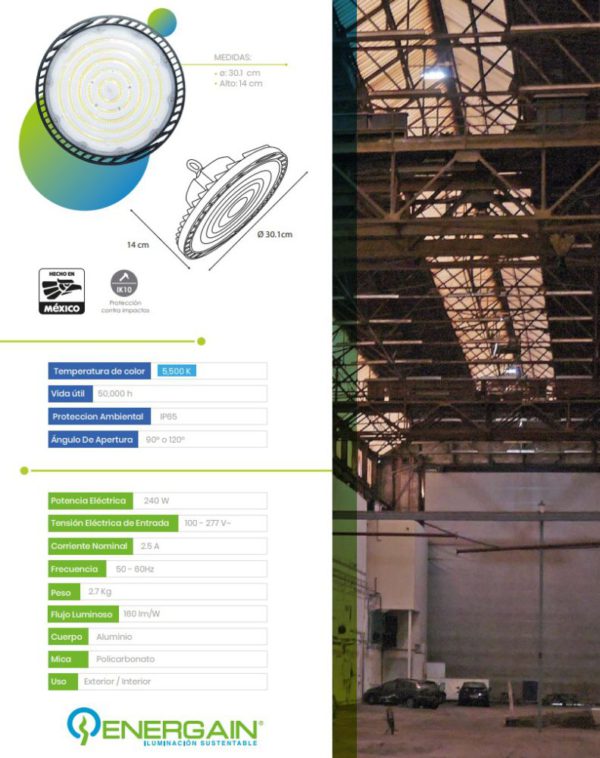 CAMPANA INDUSTRIAL HIGH-BAY EG-PL-UFO-240W-ECO 5500K 100-277V IP65 - Imagen 3