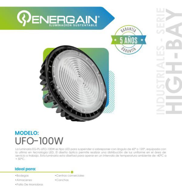 CAMPANA INDUSTRIAL HIGH-BAY EG-PL-UFO 100W 5500K 100-277V IP65 16,000LM - Imagen 2