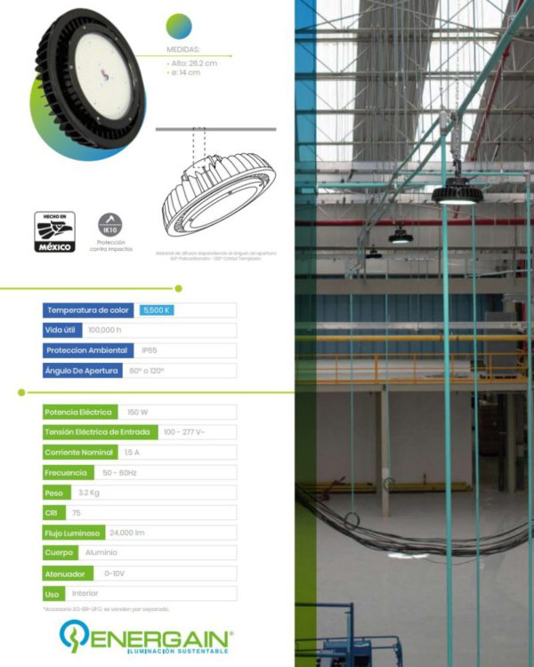 CAMPANA INDUSTRIAL HIGH-BAY EG-PL-UFO 150W 5500K 100-277V IP65 24,000LM - Imagen 3
