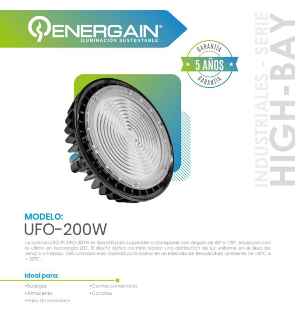 CAMPANA INDUSTRIAL HIGH-BAY EG-PL-UFO 200W 5500K 100-277V IP65 32,000LM - Imagen 2