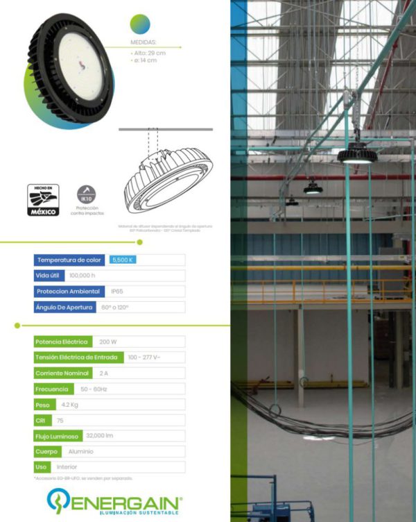 CAMPANA INDUSTRIAL HIGH-BAY EG-PL-UFO 200W 5500K 100-277V IP65 32,000LM - Imagen 3