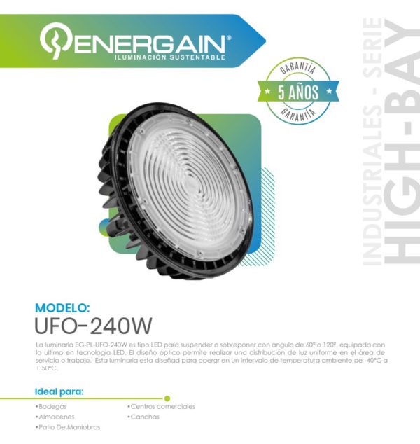 CAMPANA INDUSTRIAL HIGH-BAY EG-PL-UFO 240W 5500K 100-277V IP65 38,400LM - Imagen 2