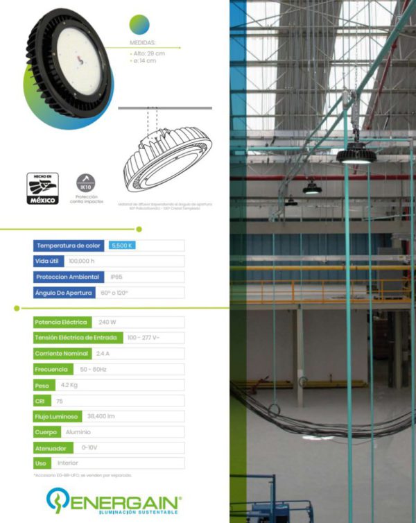 CAMPANA INDUSTRIAL HIGH-BAY EG-PL-UFO 240W 5500K 100-277V IP65 38,400LM - Imagen 3